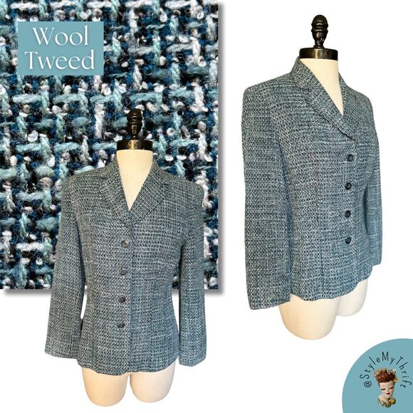 Y2K Blue Wool Tweed Blazer Professional Career Office Church Fall Winter Modest - Picture 1 of 11